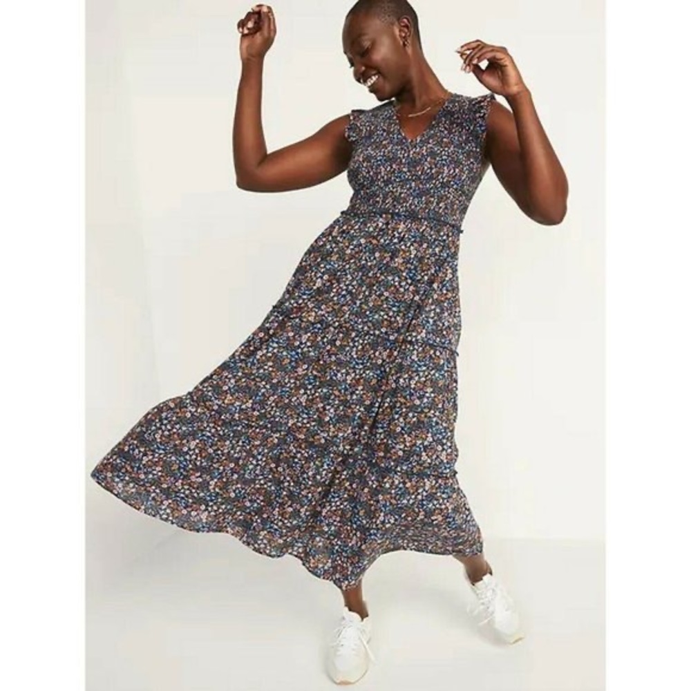 Old Navy Fit and Flare Blue Floral Smocked Dress